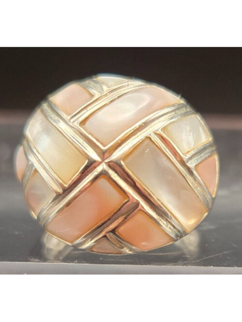 Sterling Silver Dome Ring Mosaic Inlay of Pink and White Mother of Pearl Size 8